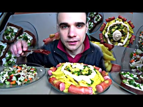 Видео: МУКБАНГ МАКАРОНЫ / СОСИСКИ ЖАРЕНЫЕ / БУТЕРБРОДЫ - ХЛЕБ С МАСЛОМ/ САЛАТ / EATING Mukbang ASMR / АСМР