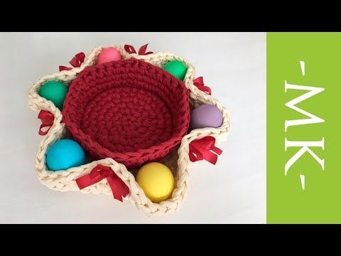 Видео: Пасхальная корзинка крючком из трикотажной пряжи. Easter basket crochet
