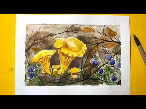 Видео: Лисички и вороника в осеннем лесу акварелью🍁 Рисовать просто!