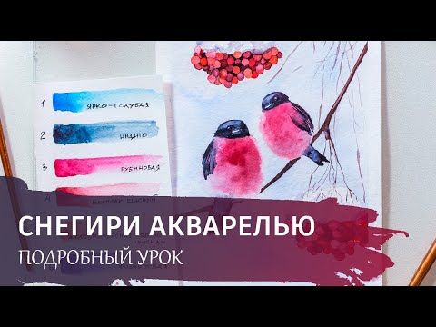 Видео: Акварельный зимний сюжет "Снегири". Подробный онлайн урок по акварельной живописи.