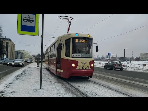 Видео: Трамвай, маршрут №24 (до трампарка №7) ЛМ-68М2 (мод. СПб ГЭТ) б.7657 (23.12.2021) Санкт-Петербург
