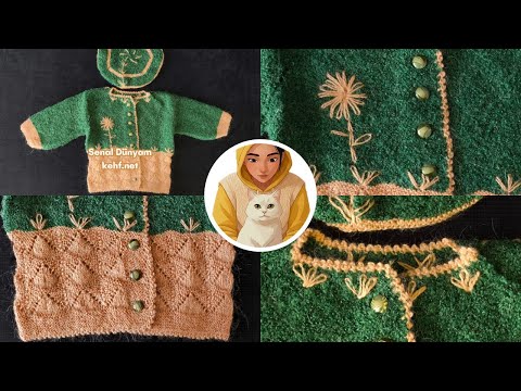 Видео: Вязаный кардиган и шапка для девочки зелёно-коричневого цвета