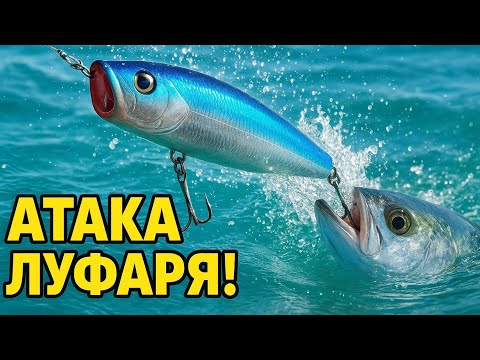 Видео: АТАКИ ЛУФАРЯ на поверхностные приманки | Рыбалка на Луфаря в Греции.