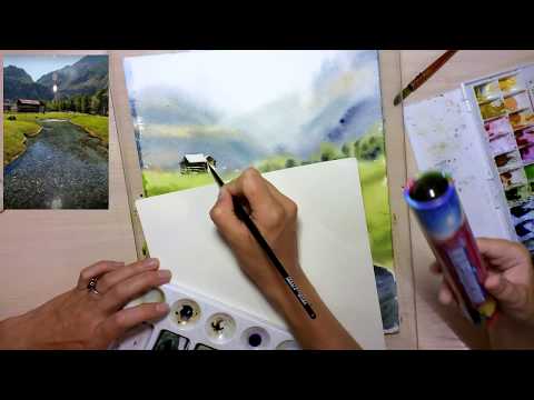 Видео: Картина акварелью. Пейзаж с рекой. Speed painting