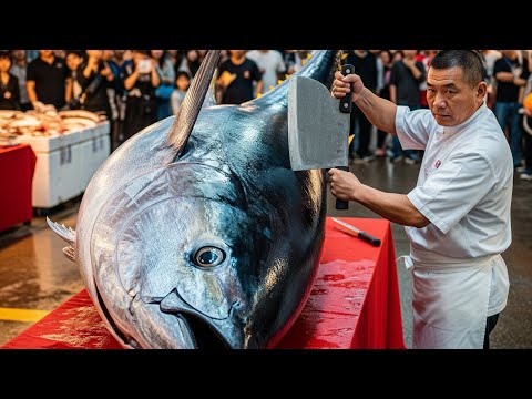 Видео: 473 кг монстр синий тунец разрезан легендой тунца! #НарезкаТуны