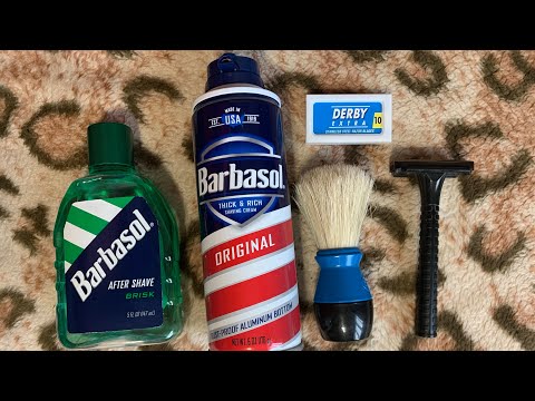 Видео: БРИТЬЁ. Barbasol крем-пена original и лосьон Brisk. derby extra Omega 40099. Спутник «Лидер» станок.