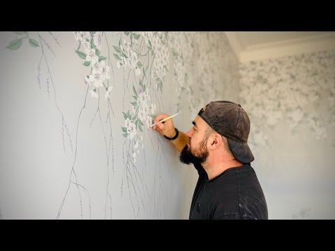 Видео: Роспись стены в спальне. Цветы