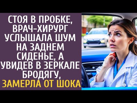 Видео: Стоя в пробке, врач-хирург услышала шум на заднем сиденье, а увидев в зеркале бродягу, оцепенела