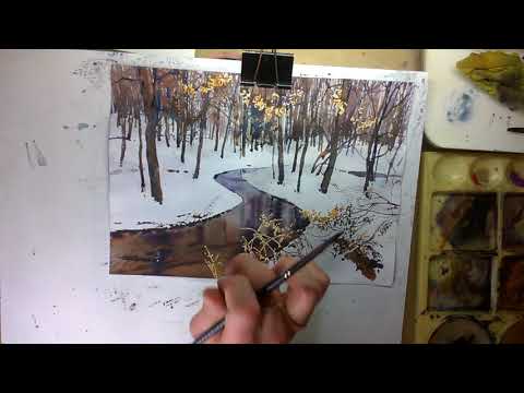 Видео: "Зимний ручей" акварельный пейзаж в сближенной цветовой гамме (окончание)