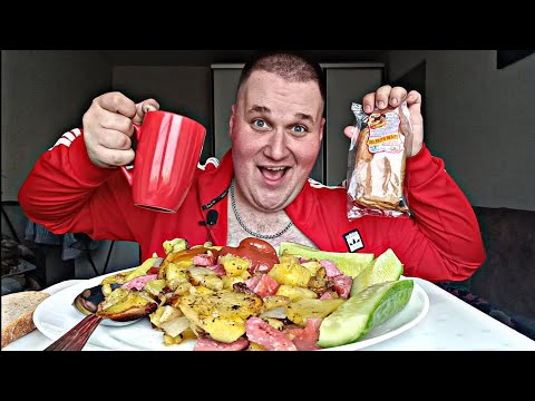 Видео: Мукбанг Жареная картошка с колбасой и огурцами / ОБЖОР КАРТОХА, ПИРОЖКИ И ЧАЙ
