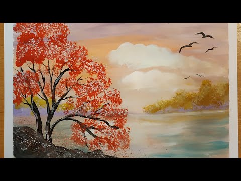 Видео: ПЕЙЗАЖ. Как нарисовать осенний пейзаж гуашью для начинающих. An autumn picture Рисуем вместе