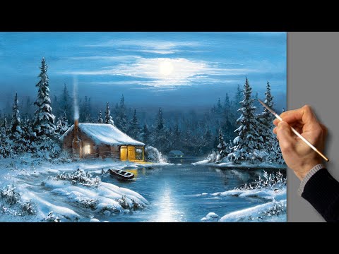 Видео: Зимний пейзаж - полнолуние. Живопись маслом. Уроки рисования. Искусство. Красивая картина. Хобби.