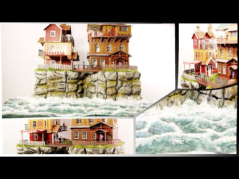 Видео: ДИОРАМА. "Два дома на скале". Имитация воды морская волна из клея ПВА. DIY.