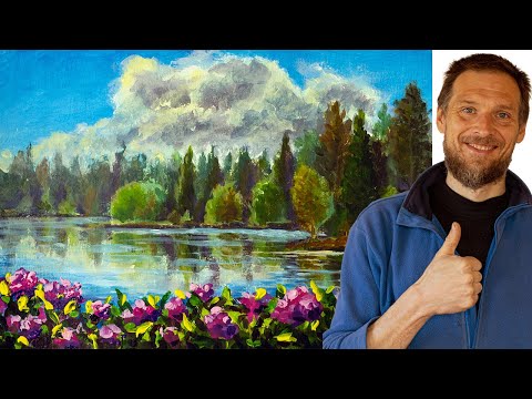 Видео: Рисуем цветы на берегу лесного озера - быстрый урок рисования с пояснениями художника в деревне