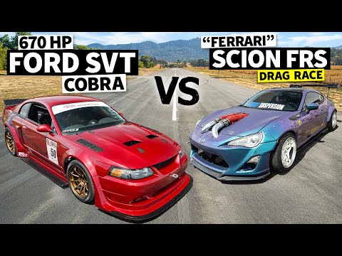 Видео: 670-сильный Ford Cobra Mustang участвует в дрэг-рейсинге: Scion Frankenstein, замененный на Ferrari!