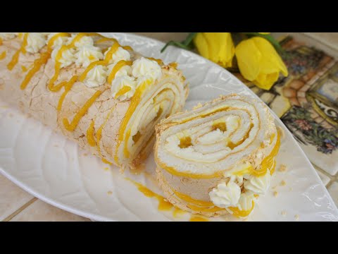 Видео: МЕРЕНГОВЫЙ РУЛЕТ С МАНГОВОЙ НАЧИНКОЙ рецепт | НЕЖНЫЙ РУЛЕТ С МАНГО рецепт | Канал Тарталетка