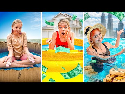 Видео: БЕДНИ срещу БОГАТИ срещу УЛТРАБОГАТ БАСЕЙН! Амелка и нейните приятели - предизвикателства в басейна!