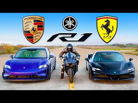 Видео: Кто победит в заезде: Porsche Taycan Turbo GT или Ferrari SF90 или же Yamaha R1M?