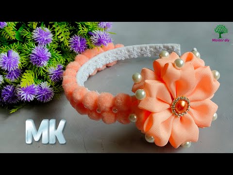 Видео: Нежный ободок с помпонами цветок из репсовой ленты Мастер класс\Master diy  канзаши