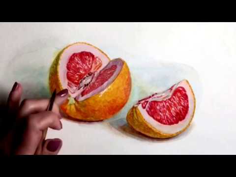 Видео: Грейпфрут, этюд акварелью