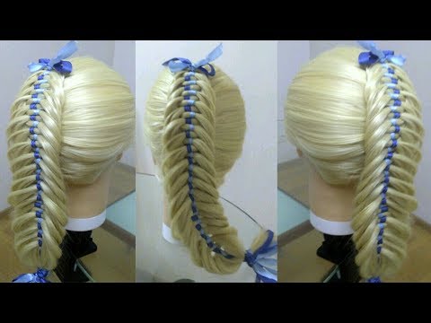 Видео: Коса Рыбий хвост с лентами  Причёска на каждый день  Курс плетения кос  Видео урок