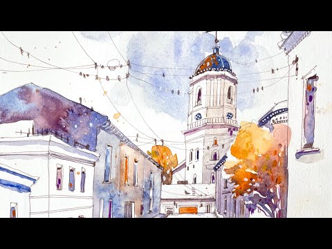 Видео: Осенний Выборг - акварельный скетчинг. Уроки акварелью. Городской скетчинг.