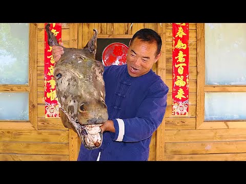 Видео: Голова осла, 6 человек вокруг, чтобы съесть праздник головы осла, действительно приятно