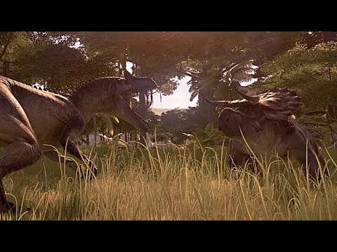 Видео: АЛЛОЗАВР против НАСУТОЦЕРАТОПСА в Jurassic World Evolution