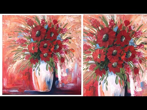 Видео: Как рисовать красные цветы, учебник, акриловая краска