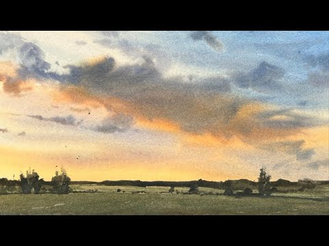Видео: Закатный пейзаж акварелью — шаг за шагом