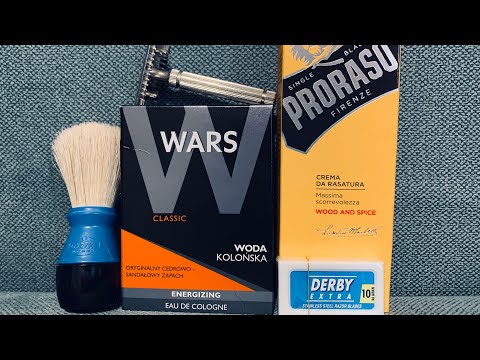 Видео: БРИТЬЁ! Proraso wood and spice крем для бритья Fatip piccolo Derby extra Omega помазок Wars одеколон