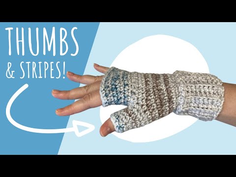 Видео: Вязаные крючком перчатки без пальцев с большими пальцами | Вязаные крючком полосатые перчатки | А...