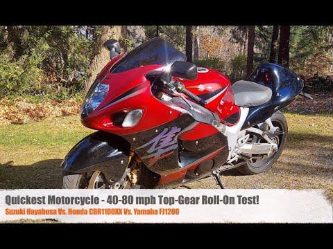Видео: Самый быстрый заезд на мотоцикле: Suzuki Hayabusa против Honda Blackbird против Yamaha FJ1200!