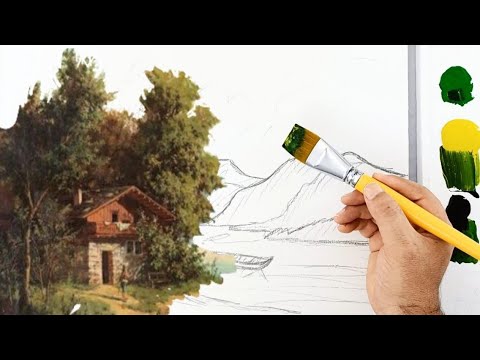 Видео: С переводом / Как рисовать Дома-Лодки-Озера-Горы/Пейзаж - для начинающих