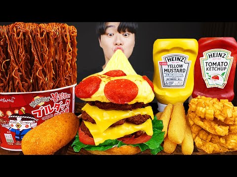 Видео: ASMR MUKBANG | гамбургер, Сырная палочка, Огненная лапша, жареная курица рецепт блюда принимать пищу