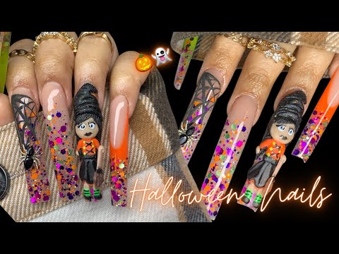 Видео: Дизайн ногтей на Хэллоуин с помощью акрила 👻🎃 / Как нарисовать 3D-рисунок ведьмы из акрила