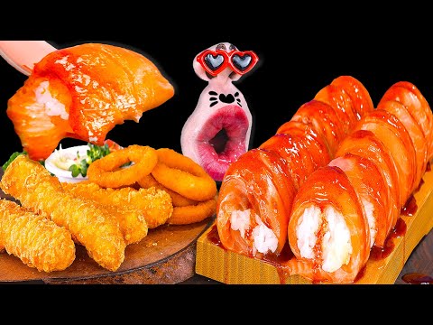 Видео: (SUB) Шоу поедания пряных суши с лососем и жареных кальмаров