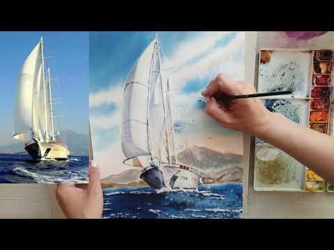 Видео: Как нарисовать корабль? Рисуем небо, море, парусник / Демо видео урока Максимовой Ксении