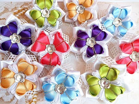 Видео: Нарядные резинки бантики из лент канзаши МК / hair clips ribbon kanzashi DIY