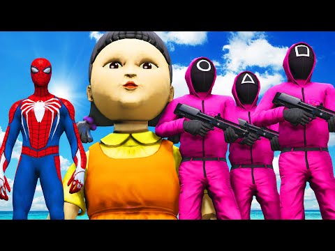 Видео: человек-паук против армии кальмаров игры (гигантская кукла и охранники)