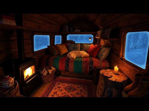 Видео: Спите спокойно в уютном зимнем фургоне — потрескивание камина и звуки метели