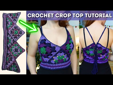 Видео: Учебное пособие по вязанию укороченного топа крючком «Бабушкин квадрат» | Использование 2 квадратов