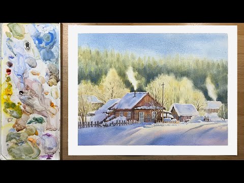 Видео: Пейзаж акварелью – Старые деревянные дома зимой