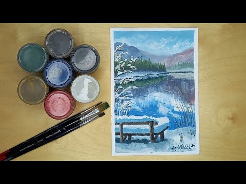Видео: Как нарисовать зимнее озеро гуашью.