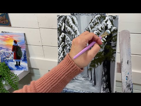Видео: ПРОСТЫЕ ЗАСНЕЖЕННЫЕ ДЕРЕВЬЯ 🌲 ❄️ Урок по акриловой живописи