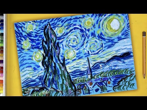 Видео: Картина масляной пастелью Звездная Ночь - Ван Гог