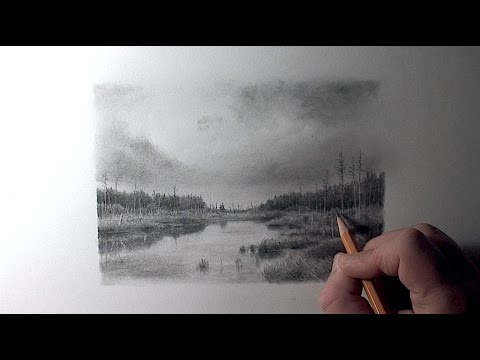 Видео: Как нарисовать карандашом пейзаж с речкой