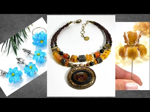 Видео: Колье с янтарем. Цветы из стекла.