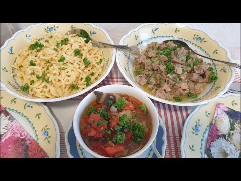 Видео: Мясо тушенное с рожками и тушенные овощи!