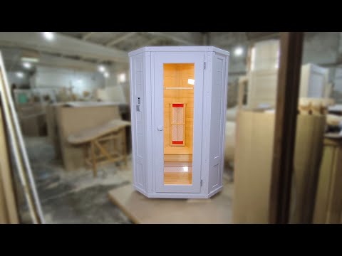 Видео: Видеообзор кедровой  угловой тонированной в цвет инфракрасной сауны с керамическими нагревателями